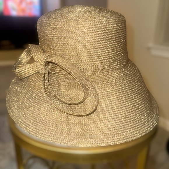 Elegant Gold Shimmer Wide Brim Hat with Sculpted Bow – Fine Millinery by August